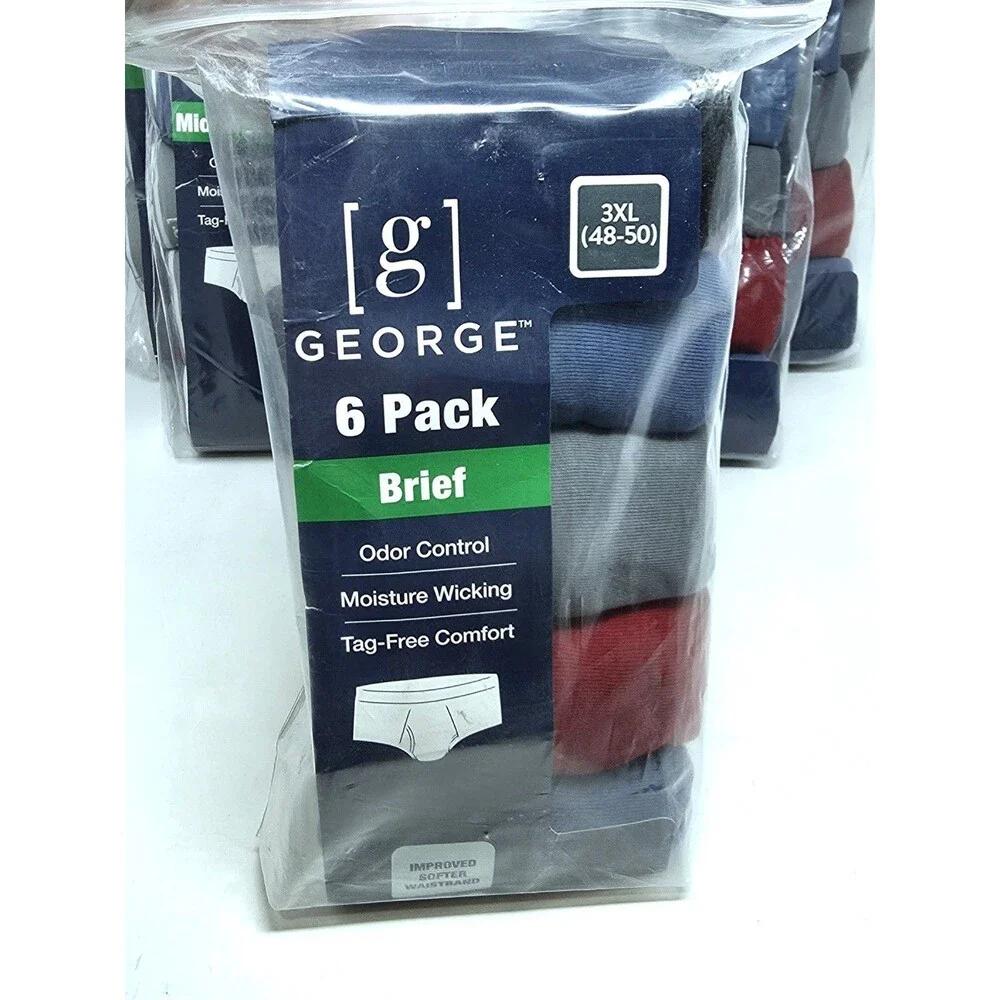 George Men's 6-pack Cotton Briefs Black Blue Gray Red Size 3XL Tagless Wicking